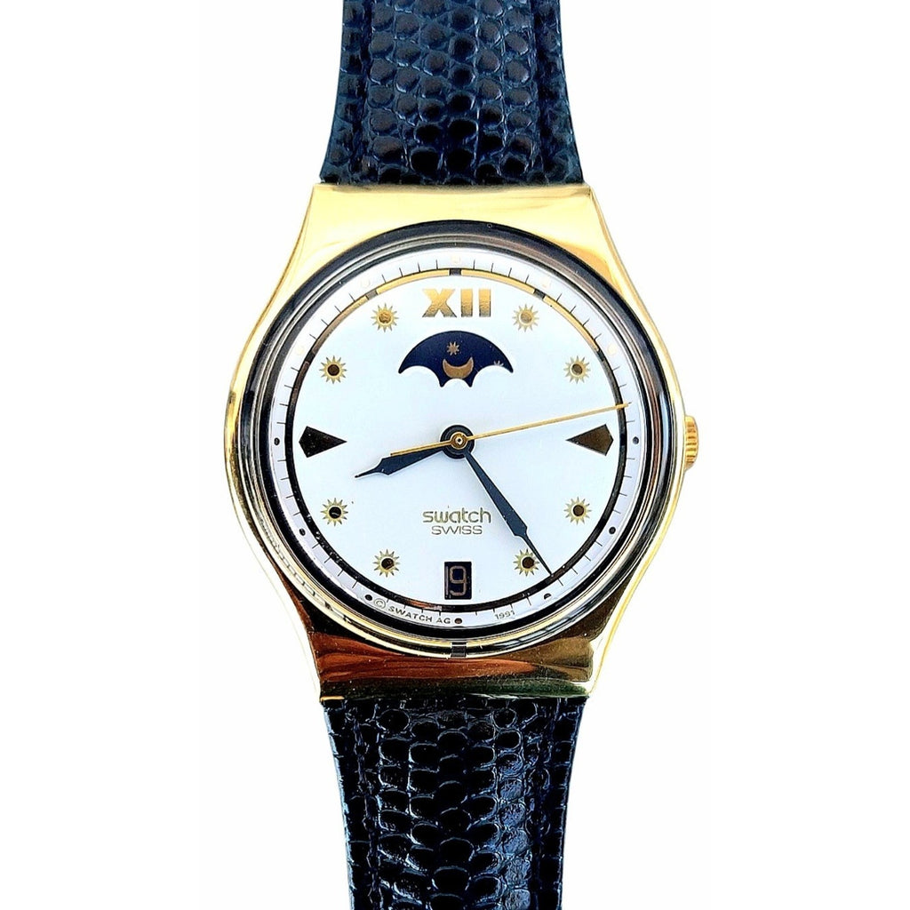 Swatch Watch CEO GX709 1992 Standard Gents Rare Gold Plated Moonphase W/ Battery