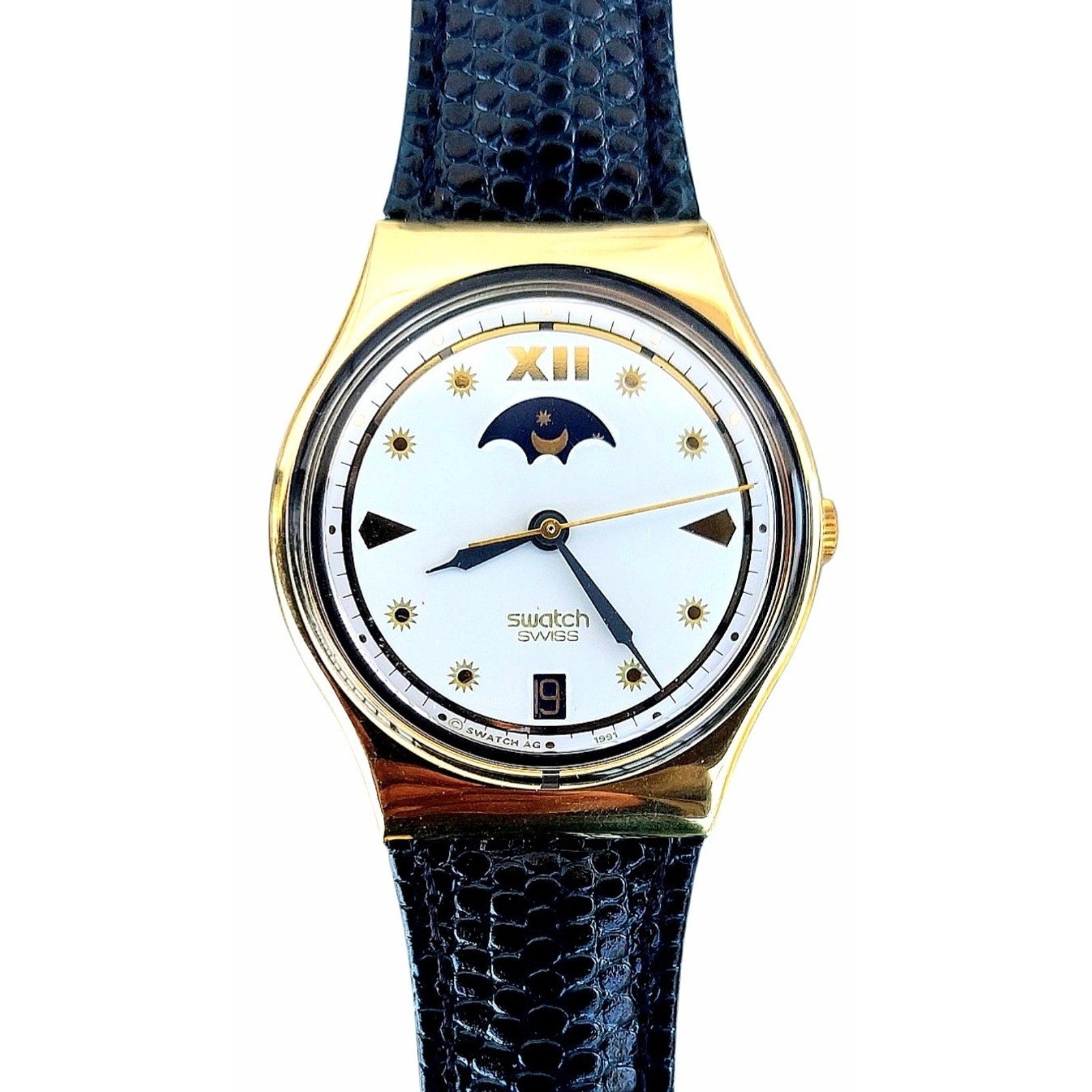 Swatch Watch CEO GX709 1992 Standard Gents Rare Gold Plated Moonphase W/ Battery