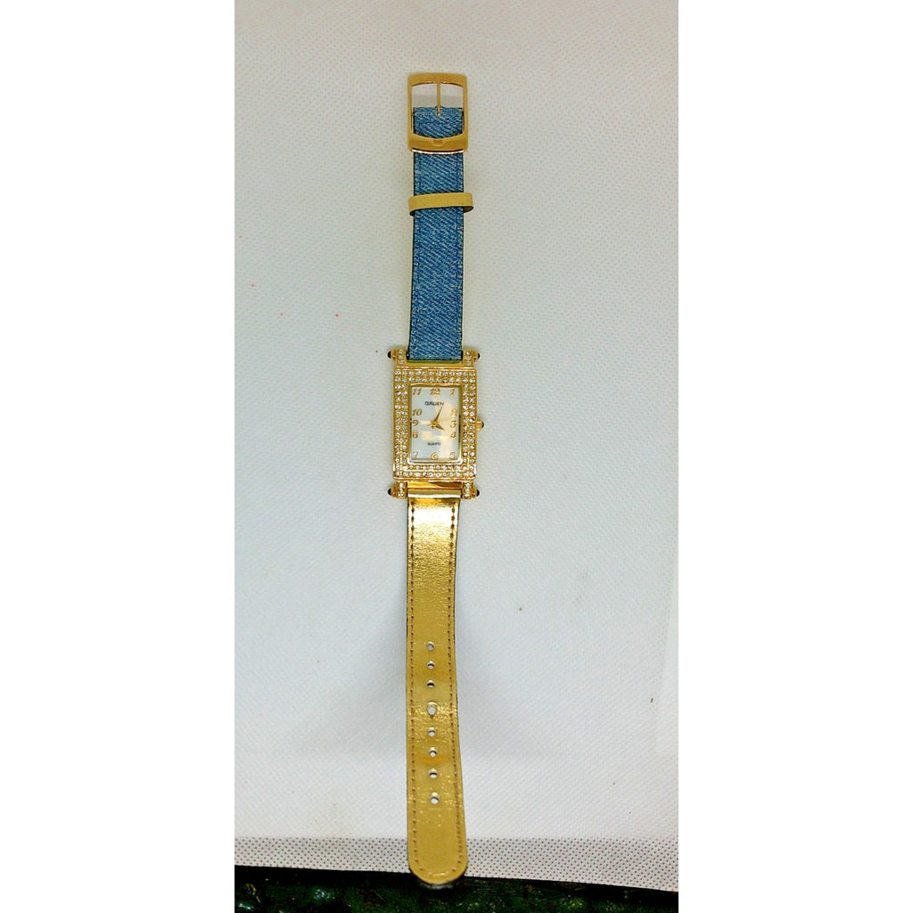 Gruen Women's 24MM Watch GR9987L Gold Tone Crystal Bezel Reversible Denim Band