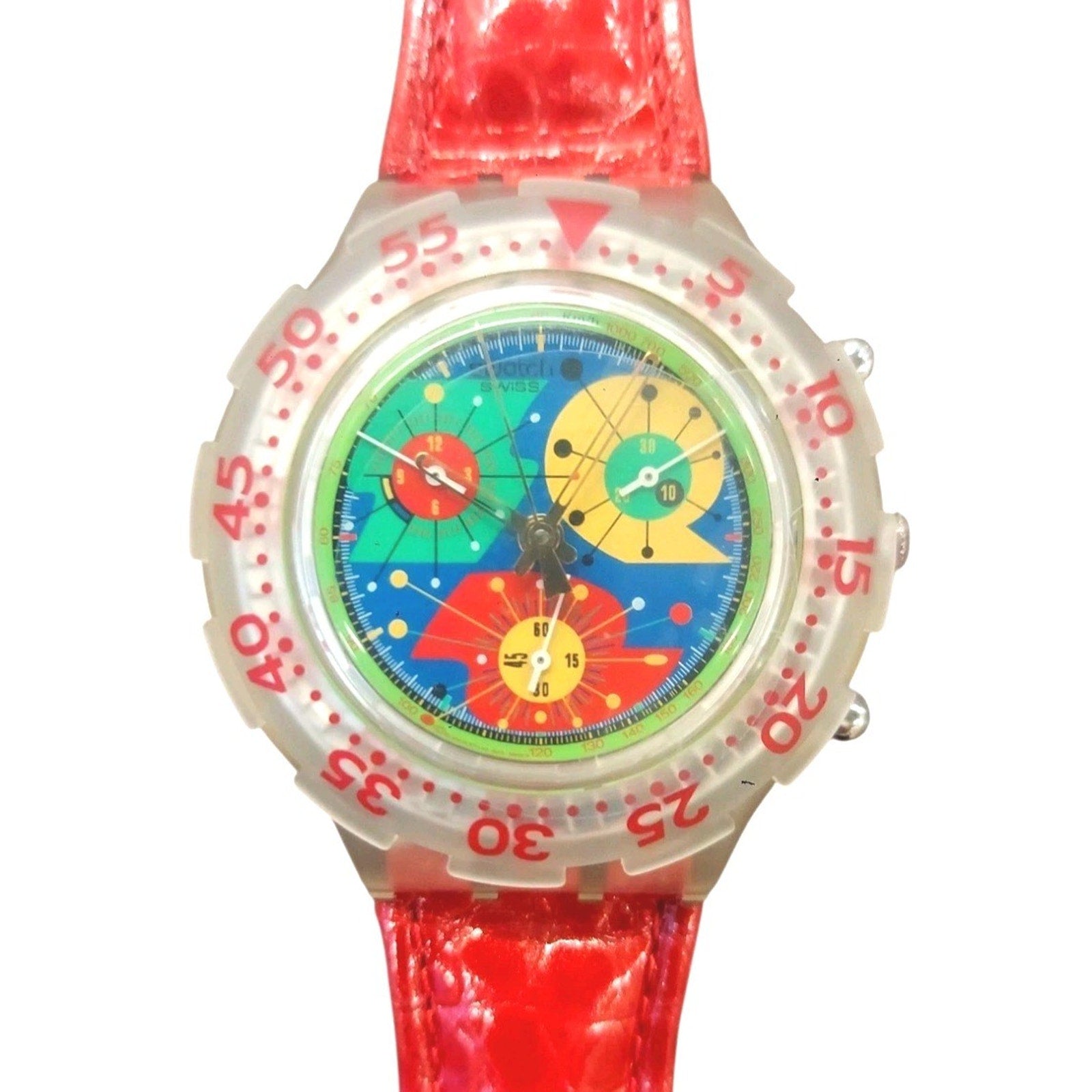 Vintage Swatch watch LILLIBETH SBK104 Multicolor Dial & Red Leather Strap SAS608