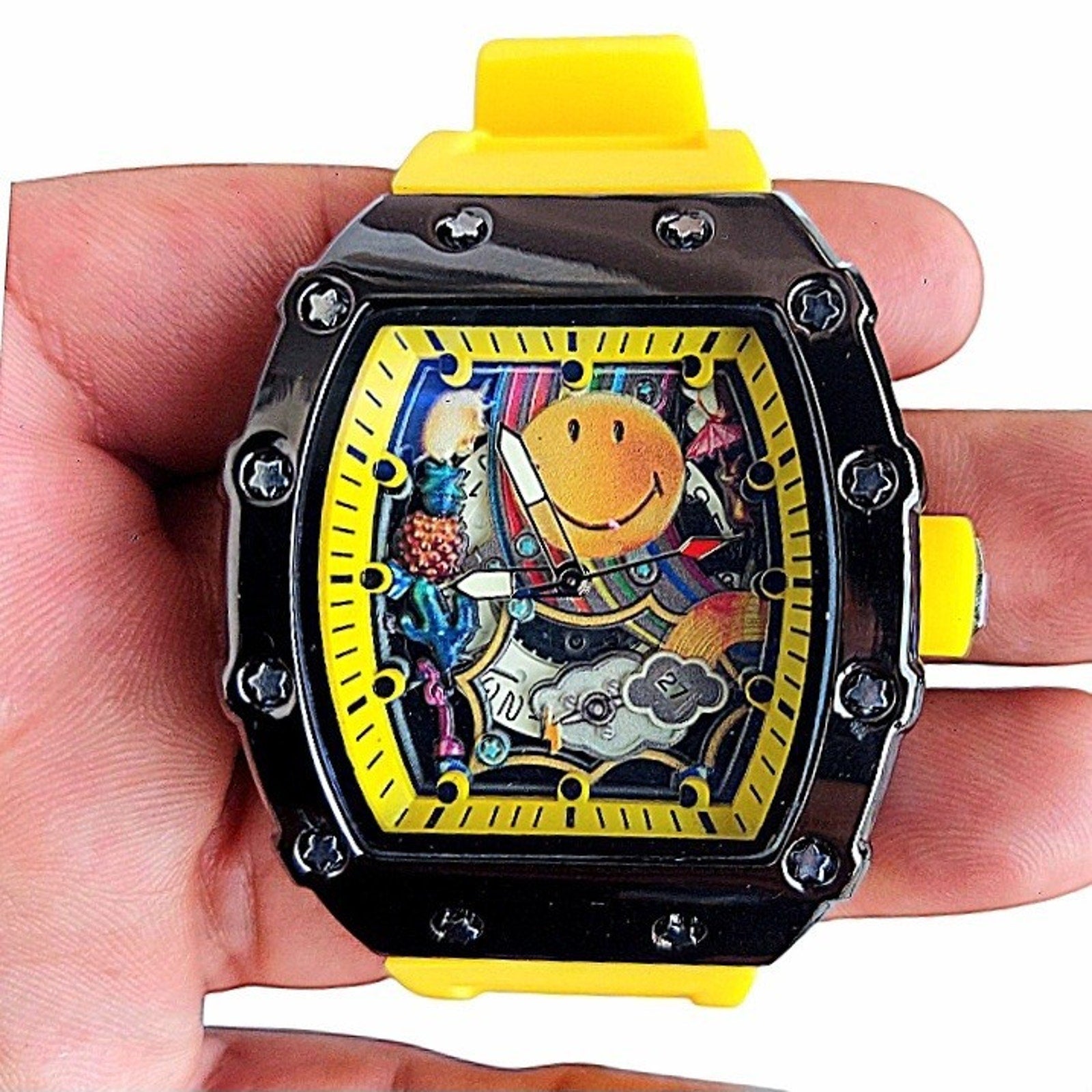 New 44mm Men's Barrel Case Watch with Smiley Face Dial & Luminous Hands