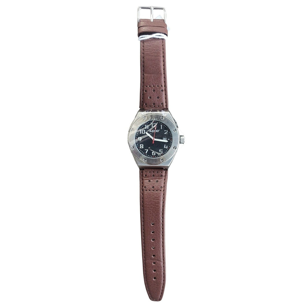 Zippo Casual Bolted Watch Model 45009 Men's 46mm Quartz Black Dial Brown Leather