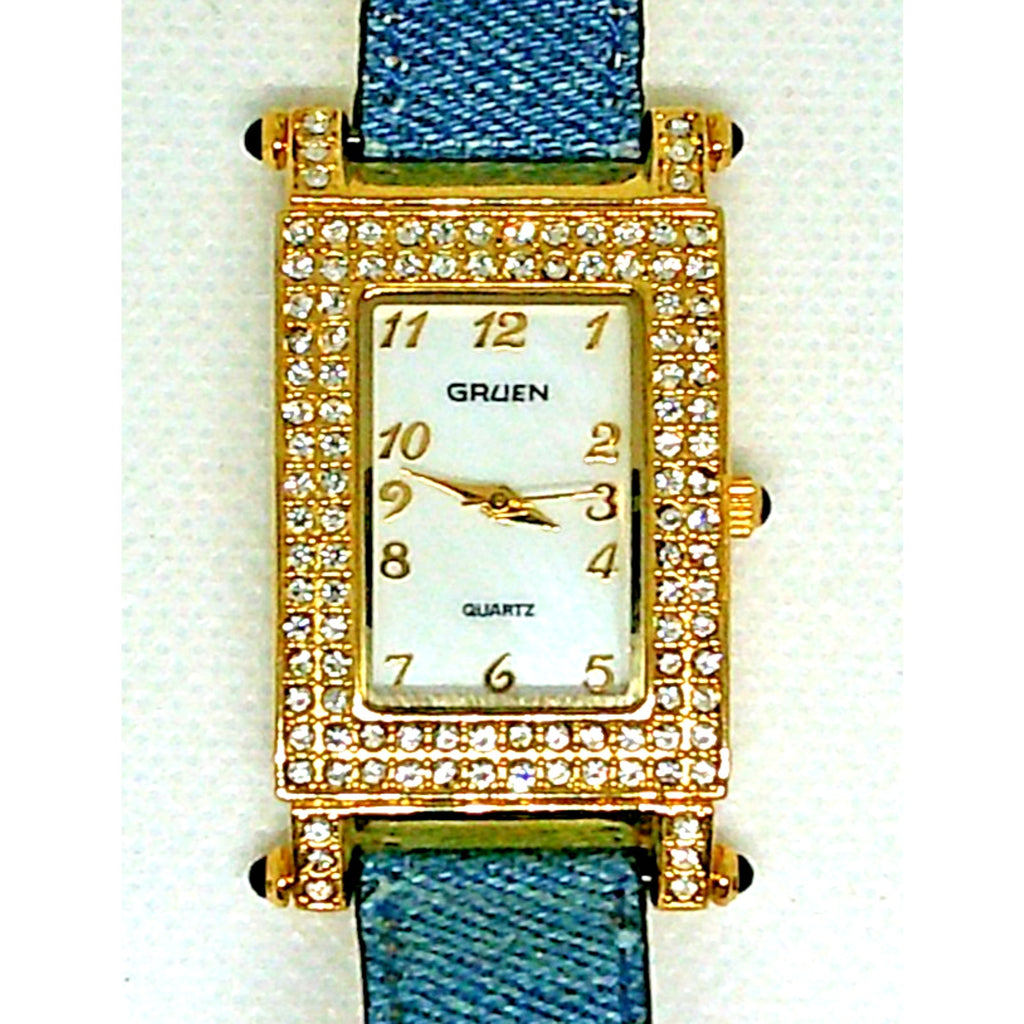 Gruen Women's 24MM Watch GR9987L Gold Tone Crystal Bezel Reversible Denim Band