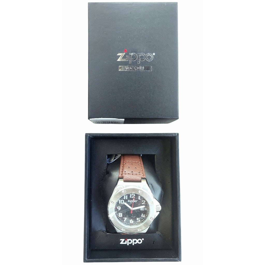 Zippo Casual Bolted Watch Model 45009 Men's 46mm Quartz Black Dial Brown Leather