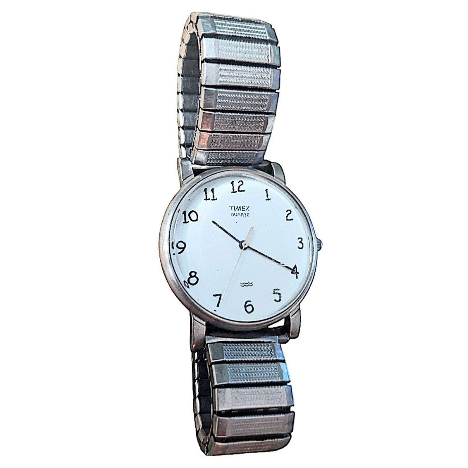 Vintage Timex Quartz Watch 32mm Silver Tone Stretch Band 90s New Battery