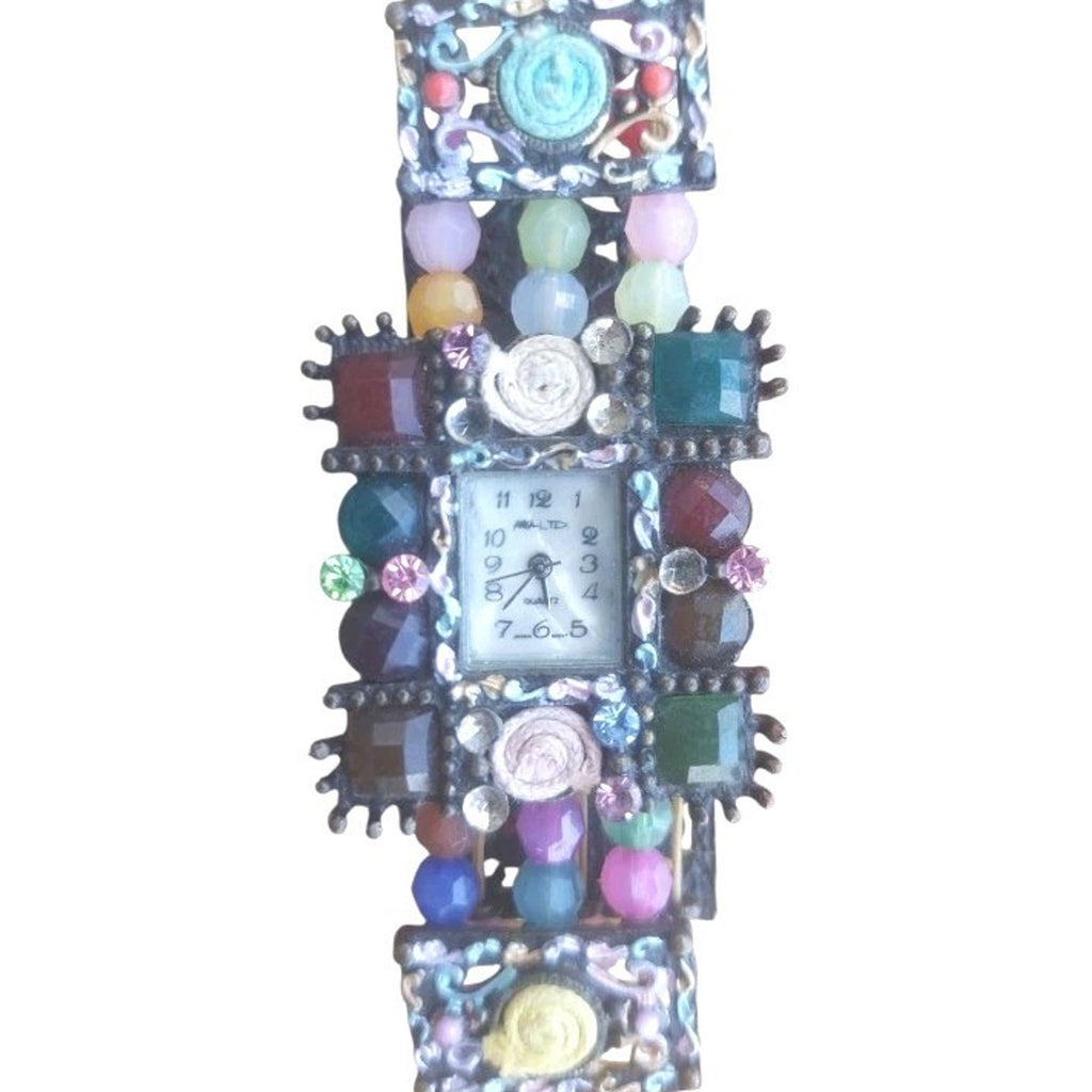 Vintage MIA Ltd artisan boho embellished Women's cuff watch With New Battery