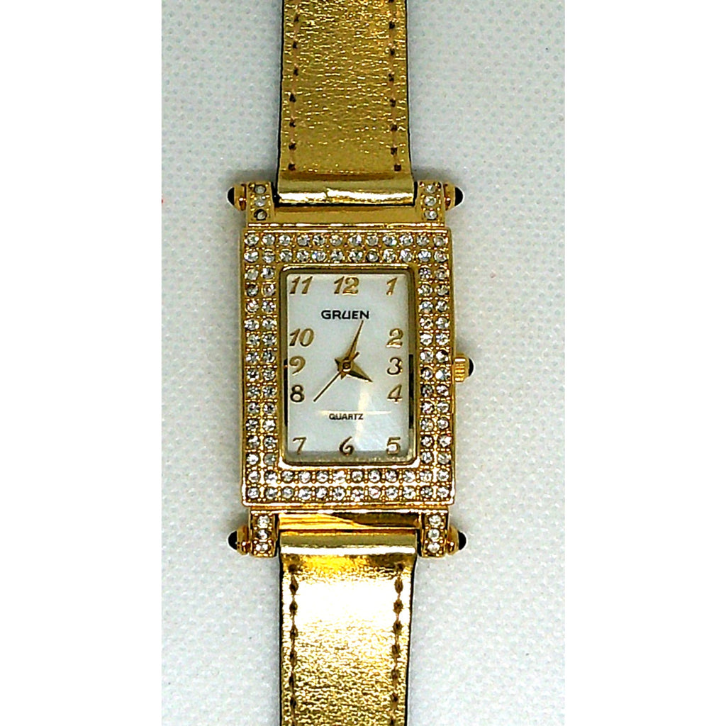 Gruen Women's 24MM Watch GR9987L Gold Tone Crystal Bezel Reversible Denim Band
