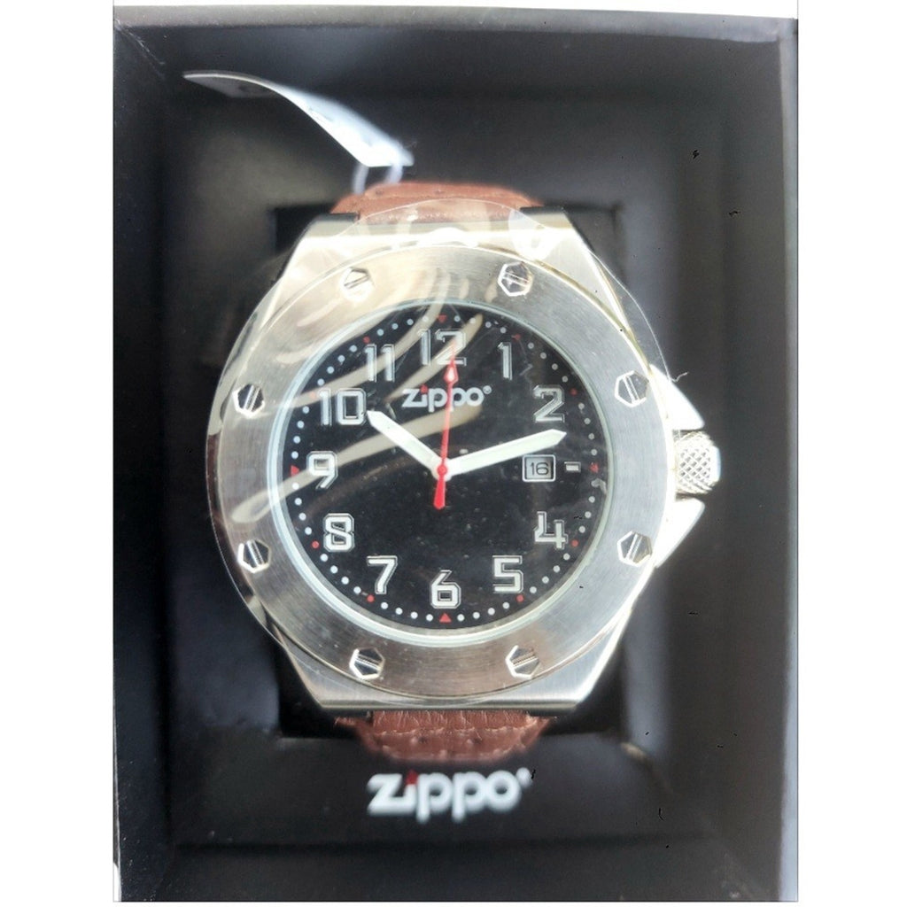 Zippo Casual Bolted Watch Model 45009 Men's 46mm Quartz Black Dial Brown Leather
