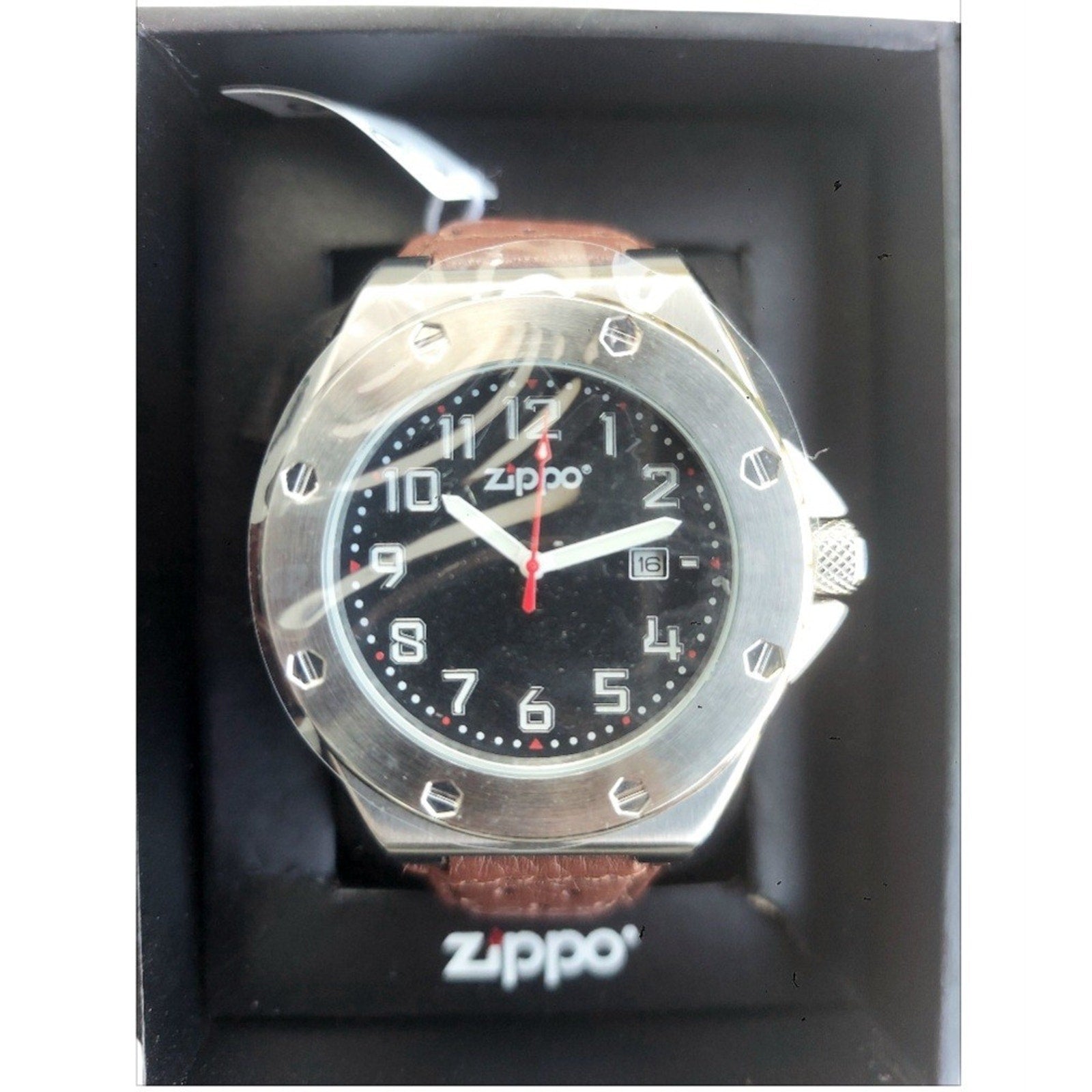 Zippo Casual Bolted Watch Model 45009 Men's 46mm Quartz Black Dial Brown Leather