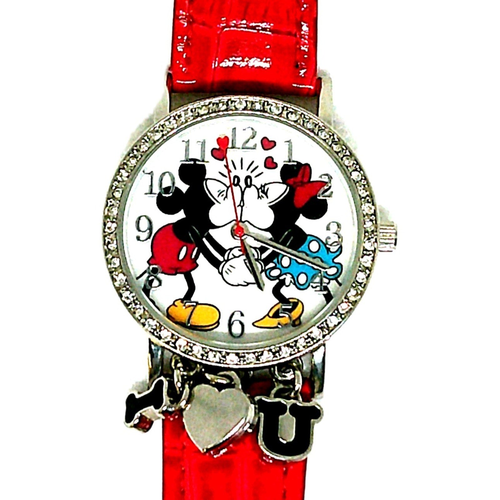 Disney Mickey and Minnie Kissing Watch with I Love You Charms MCK1268