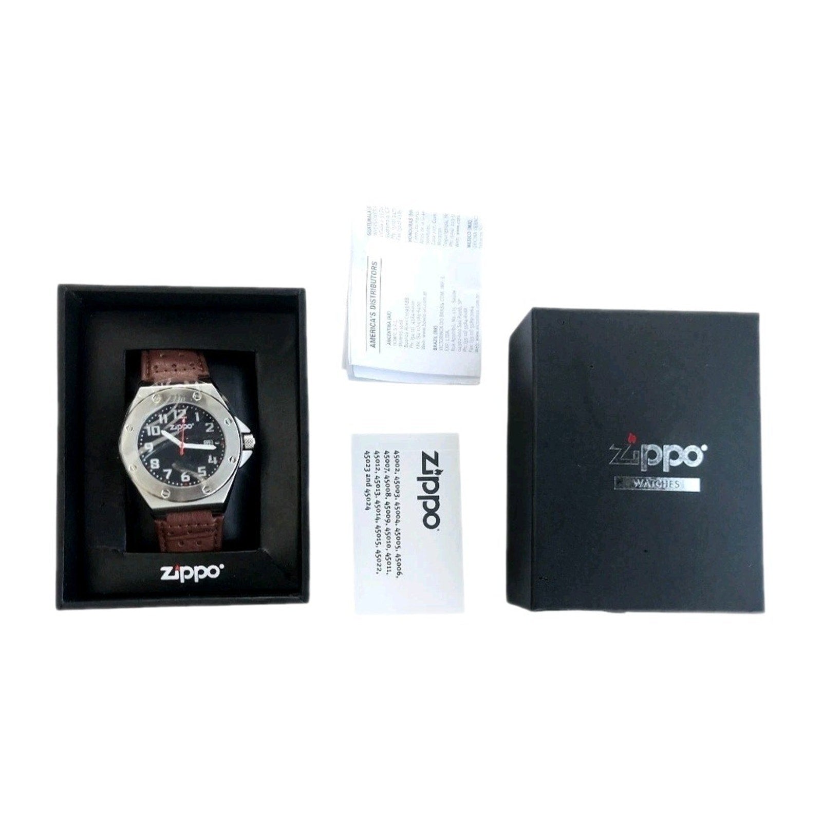 Zippo Casual Bolted Watch Model 45009 Men's 46mm Quartz Black Dial Brown Leather