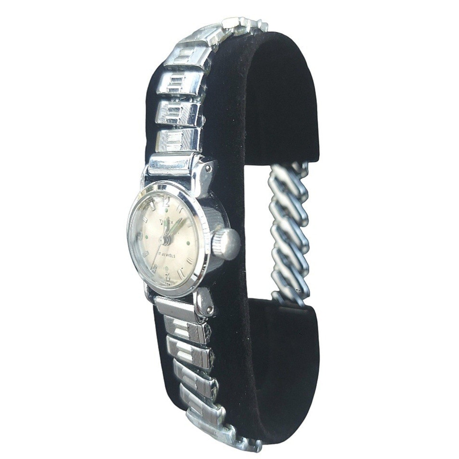 Vintage Timex Women's 17 Jewels Mechanical Wind Up Watch Silver Tone Flex Band