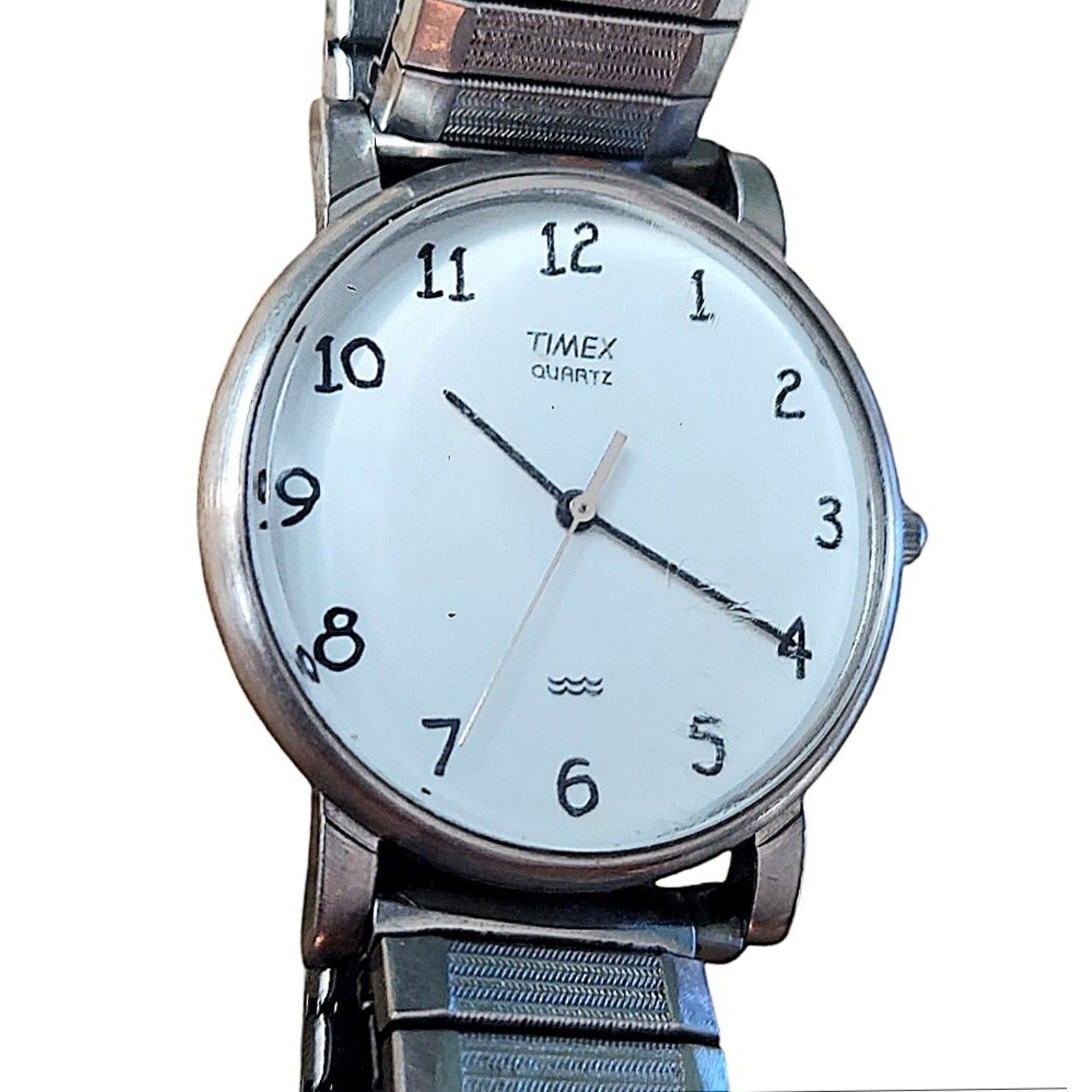 Vintage Timex Quartz Watch 32mm Silver Tone Stretch Band 90s New Battery