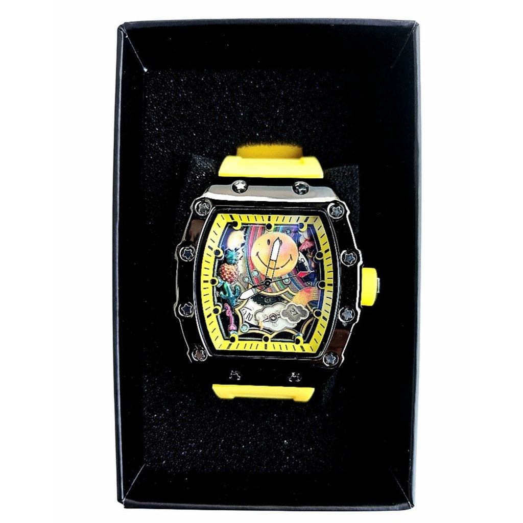 New 44mm Men's Barrel Case Watch with Smiley Face Dial & Luminous Hands