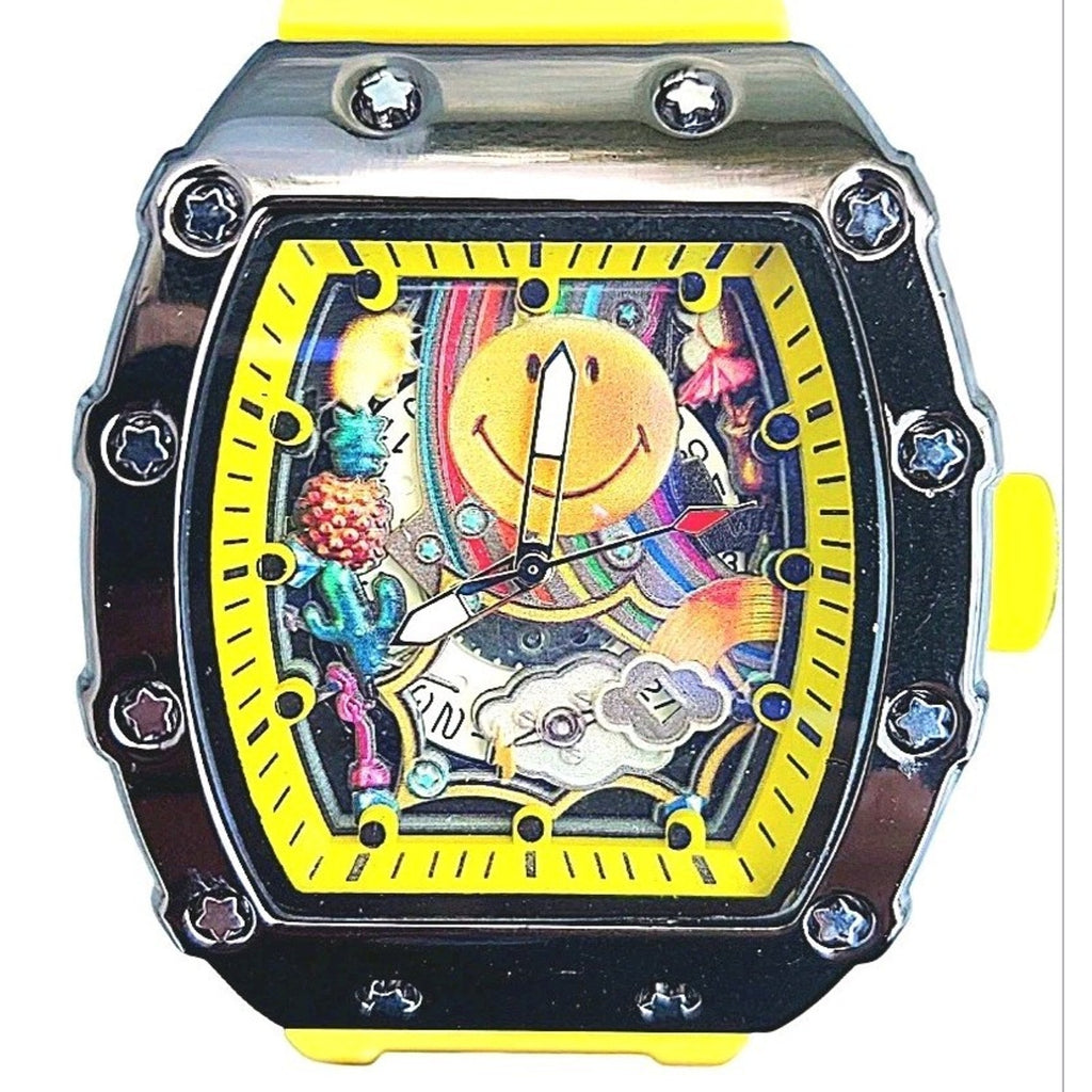 New 44mm Men's Barrel Case Watch with Smiley Face Dial & Luminous Hands
