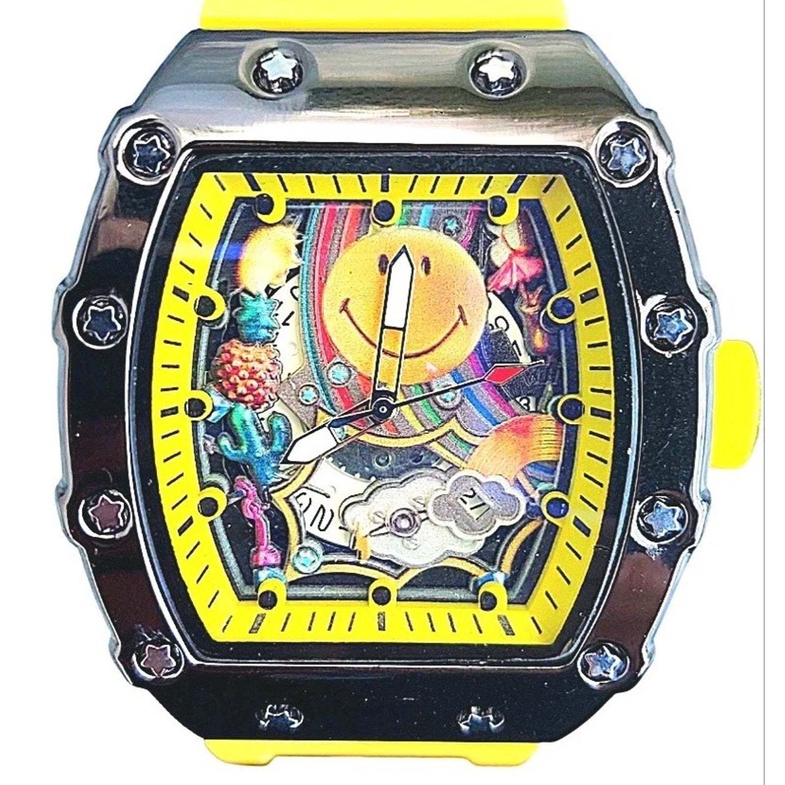 New 44mm Men's Barrel Case Watch with Smiley Face Dial & Luminous Hands