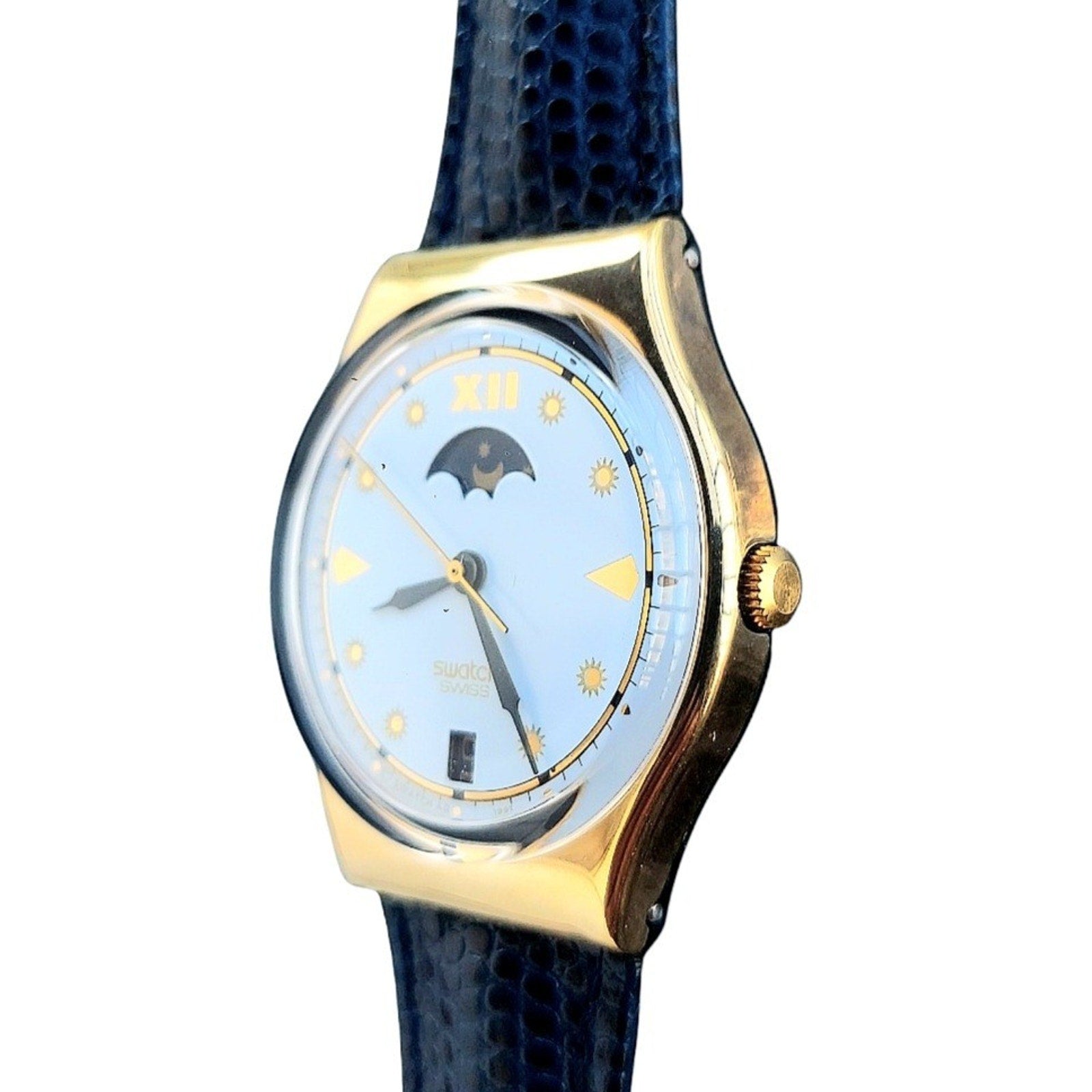 Swatch Watch CEO GX709 1992 Standard Gents Rare Gold Plated Moonphase W/ Battery