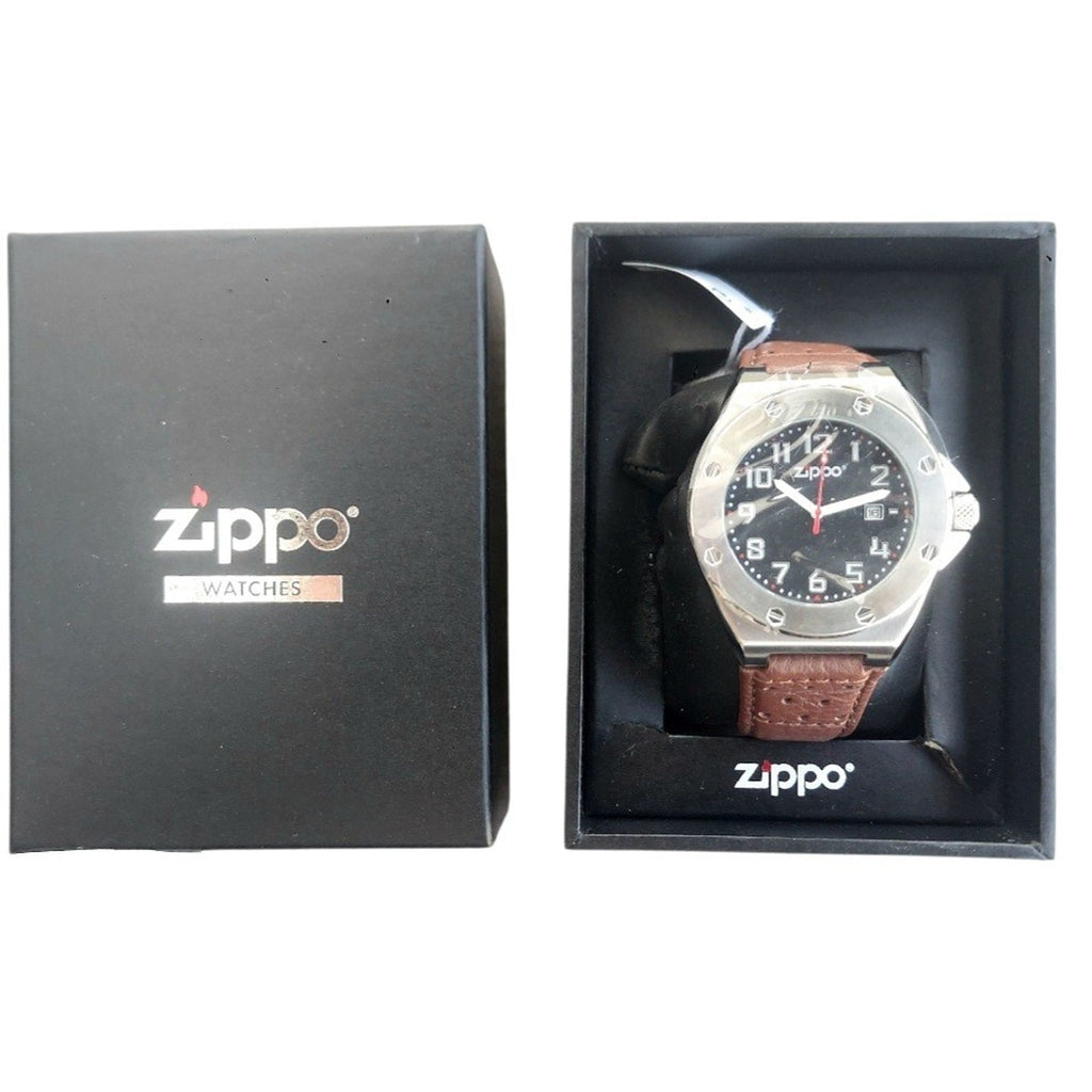 Zippo Casual Bolted Watch Model 45009 Men's 46mm Quartz Black Dial Brown Leather